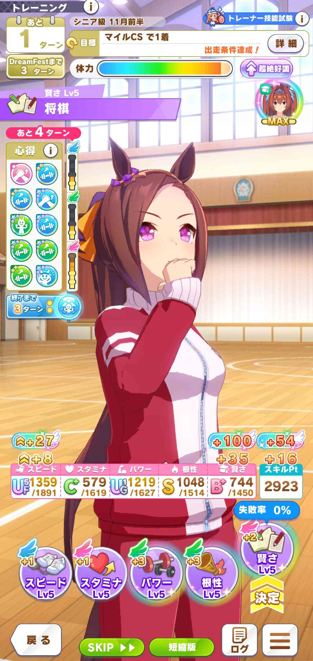 Image d'un entrainement wits dans le gacha game Umamusume. Il y a un seul support, mais l'entrainement apport +135 wits