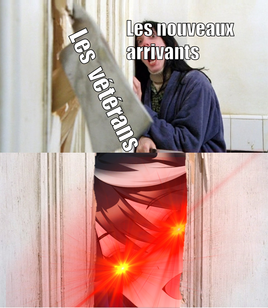 Image parodiant la scène de poursuite dans la salle de bain dans le film Shining. La hache représente les vétérans, la femme appeurée représante les nouveaux arrivants, et dans la porte on voit les yeux laser de Kitasan Black speed SSR