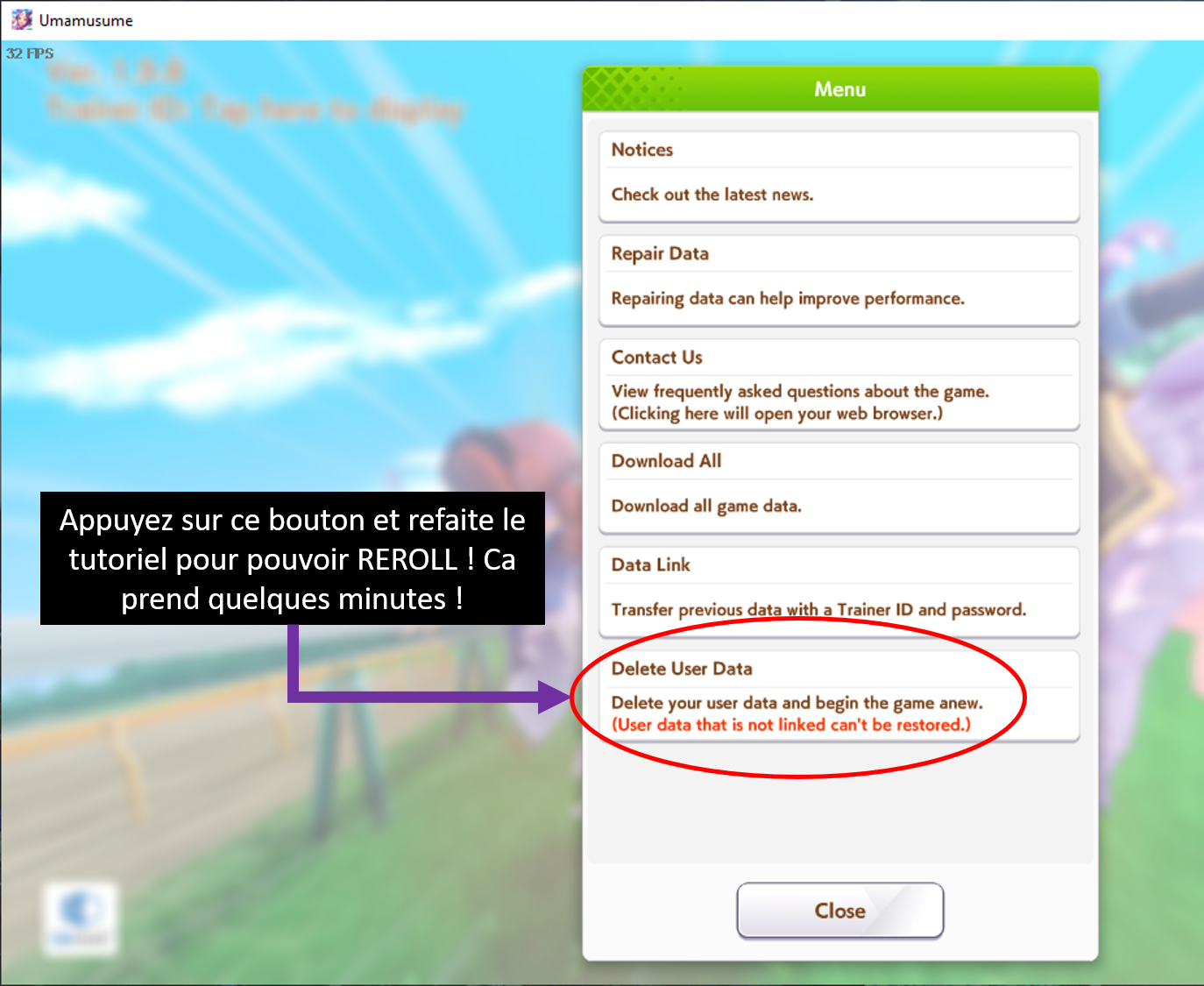 Image du menu du jeu montrant le bouton pour pouvoir reroll, entouré en rouge. C'est le bouton 'delete user data'